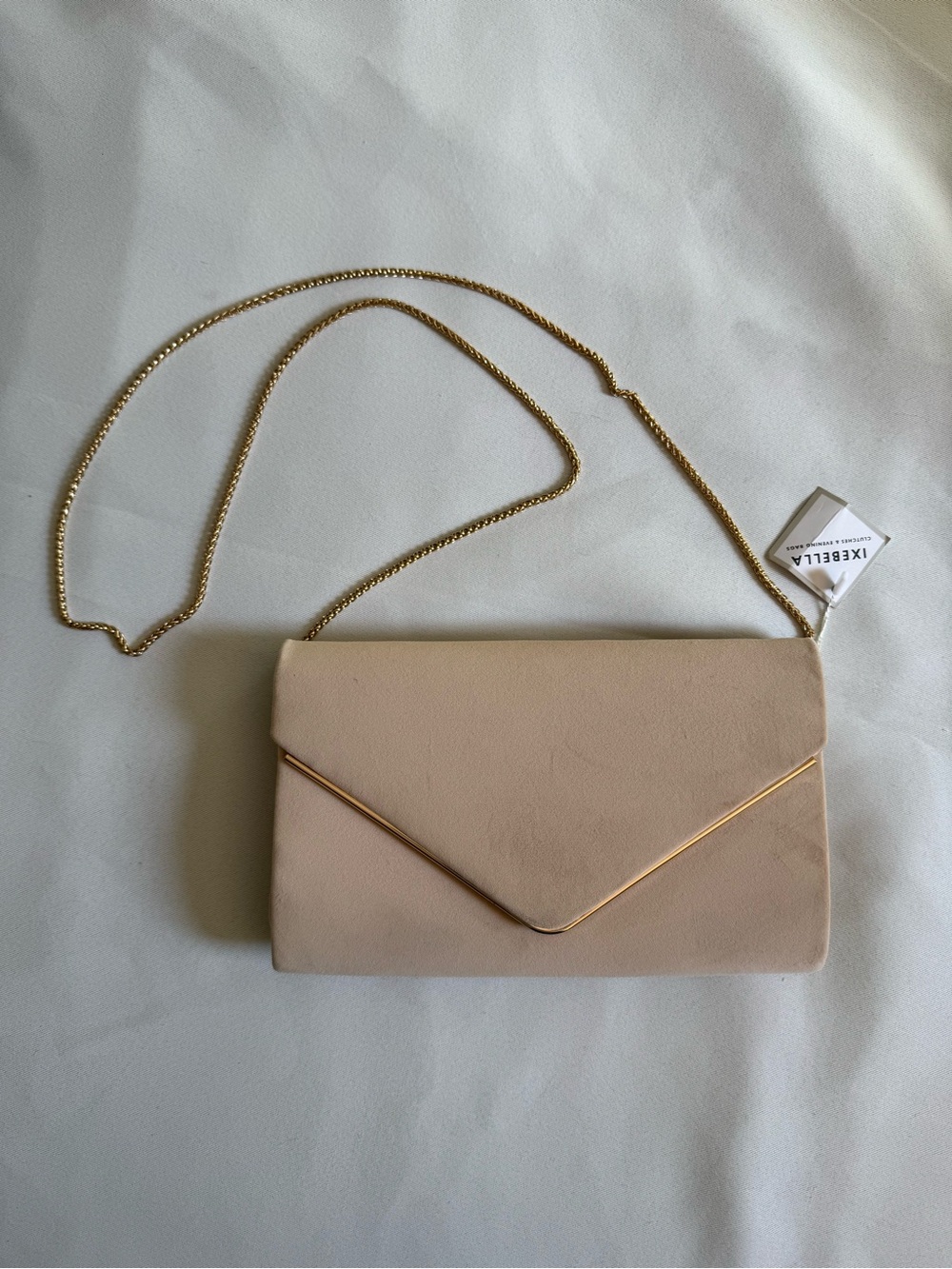 Evening Blush Suede Gold Envelope Clutch with Chain